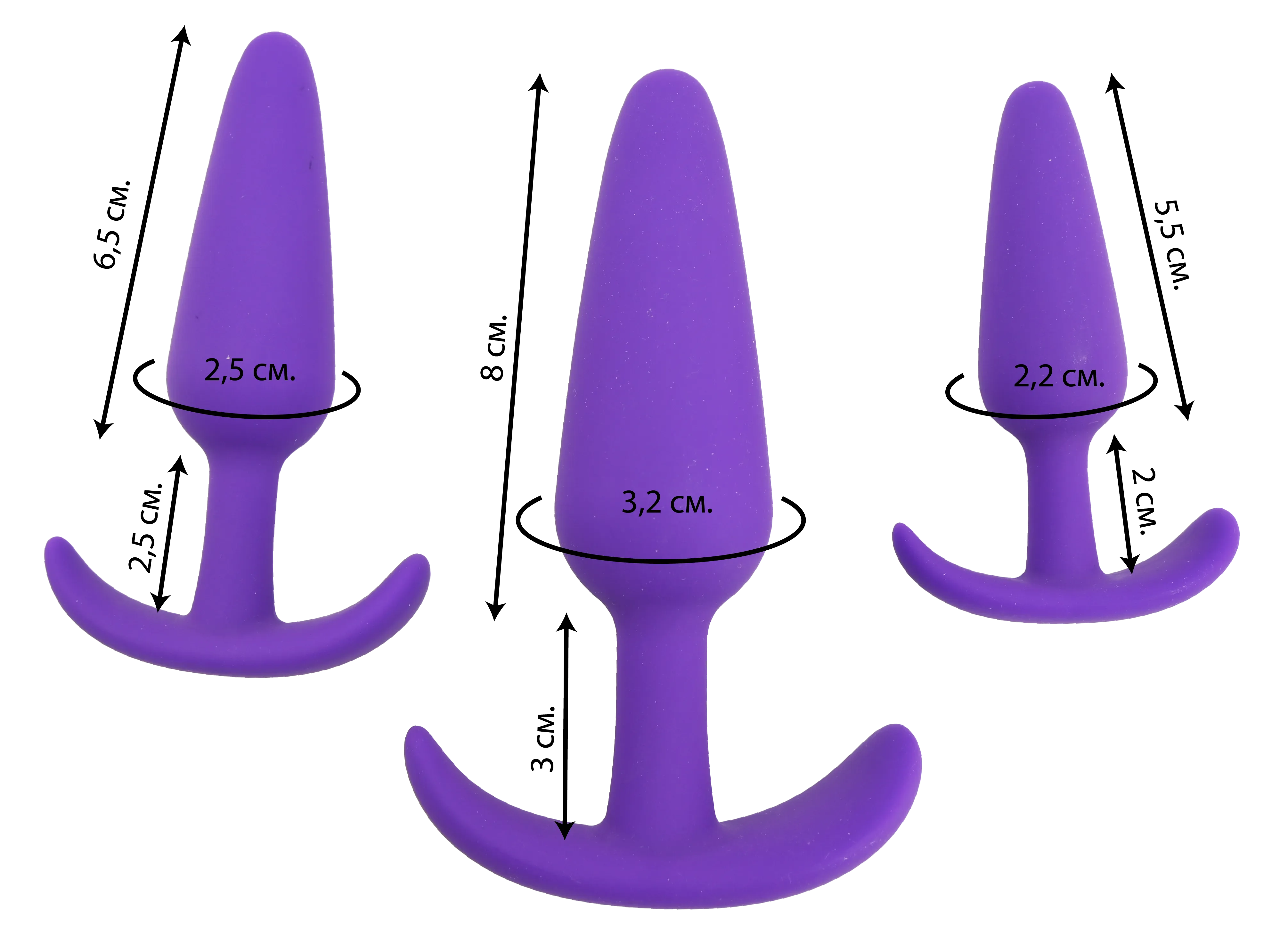 Размеры набора из трех анальных втулок Toyfa A-toys Anal Plugs Set