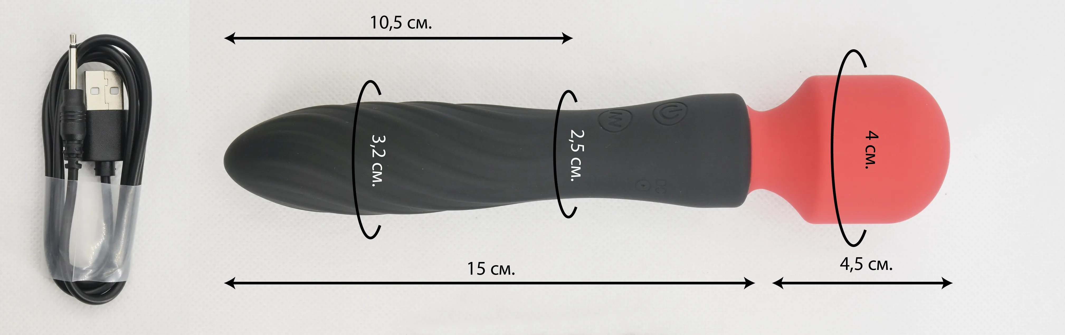 Размеры интимного вибратора Double Effect Massager, кабель USB зарядки