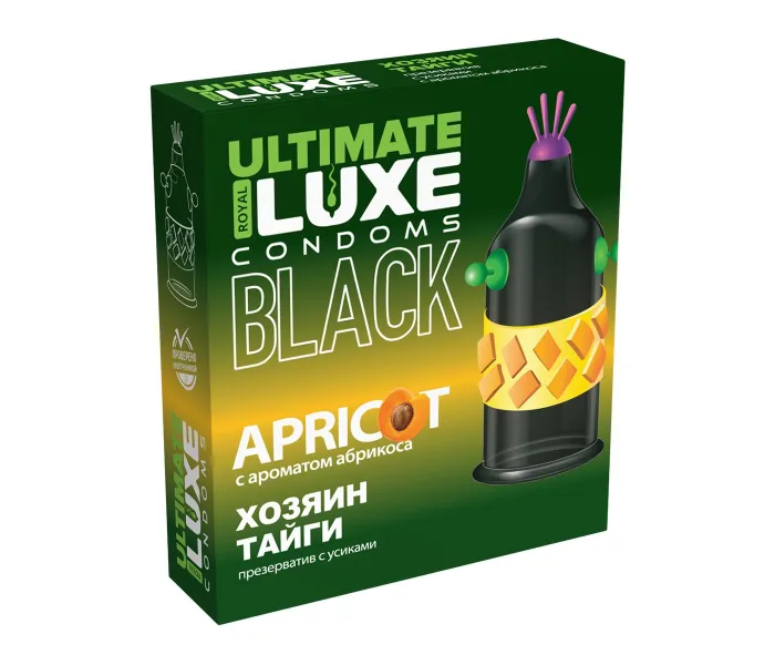Черный презерватив с шариками, усиками Luxe Хозяин Тайги с ароматом абрикоса