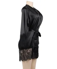 Чёрный атласный халат с роскошным кружевом