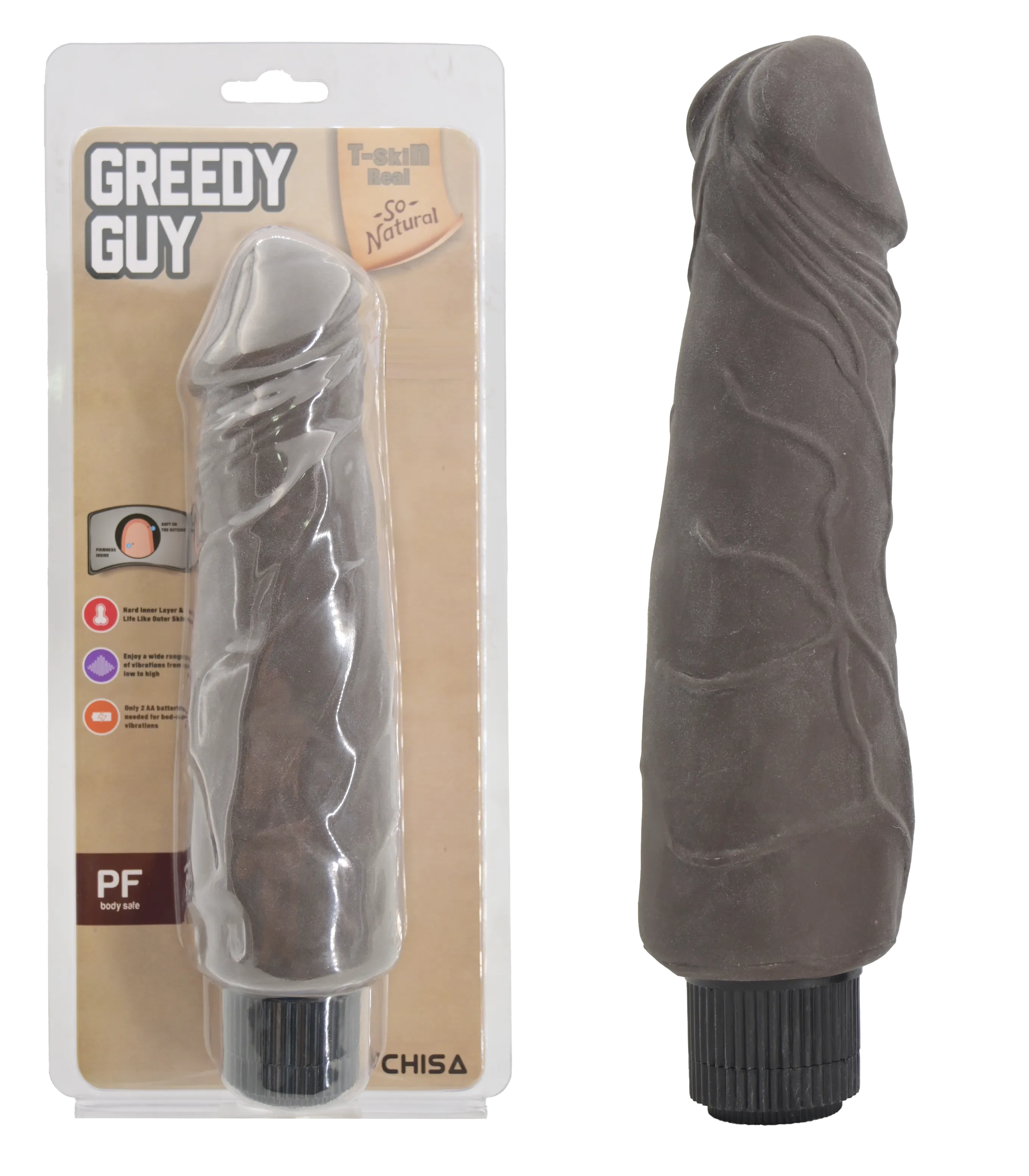 Упаковка шоколадного вибратора Greedy Guy Brown