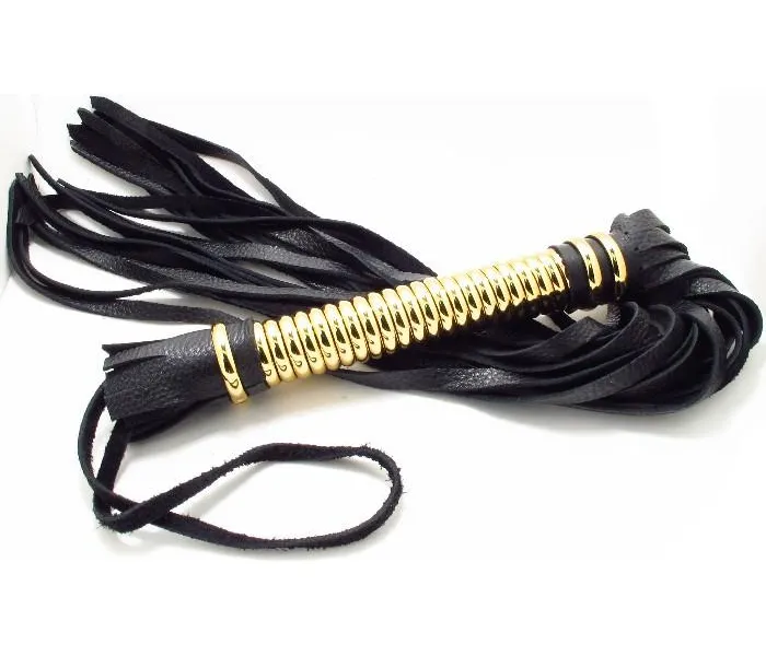 Плетка BDSM Арсенал с золотистой ручкой, кожа (58 см)
